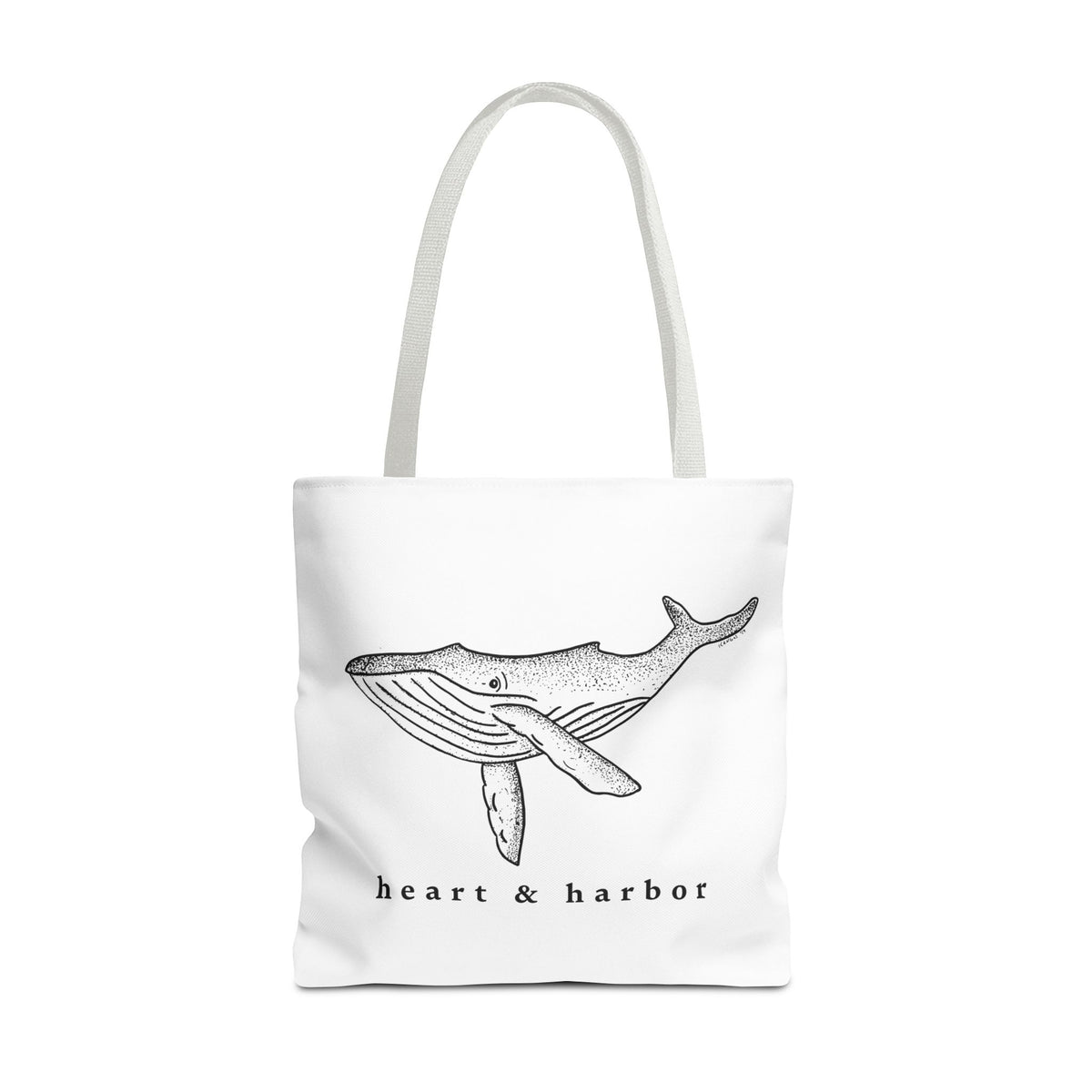 White tote bag with white handles and original hand-drawn whale artwork by Heart & Harbor 18 inch