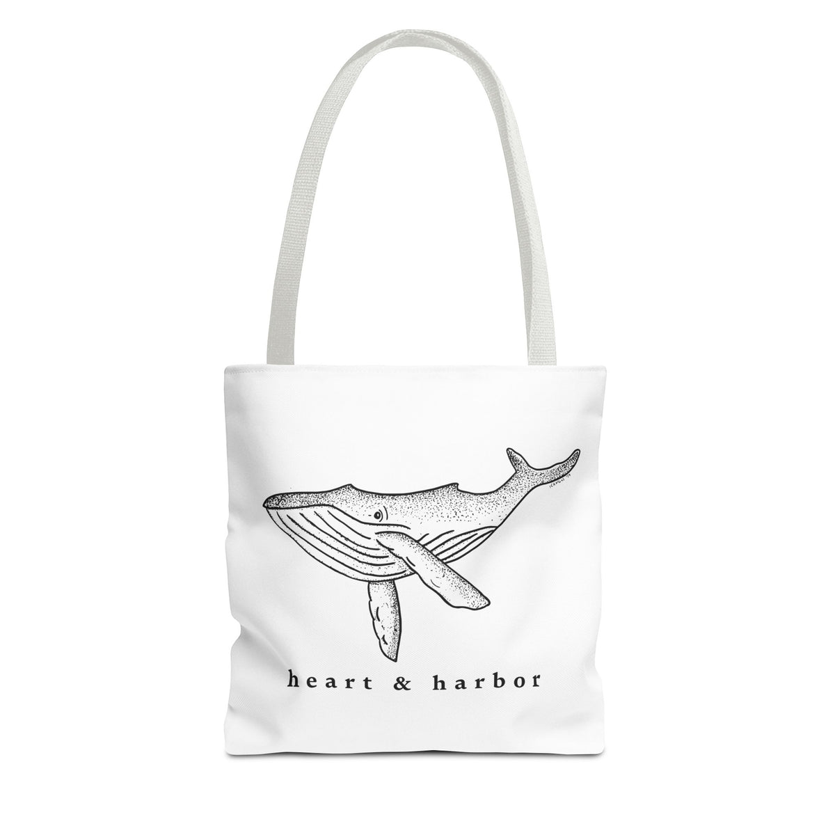 White tote bag with white handles and original hand-drawn whale artwork by Heart & Harbor 13 inch